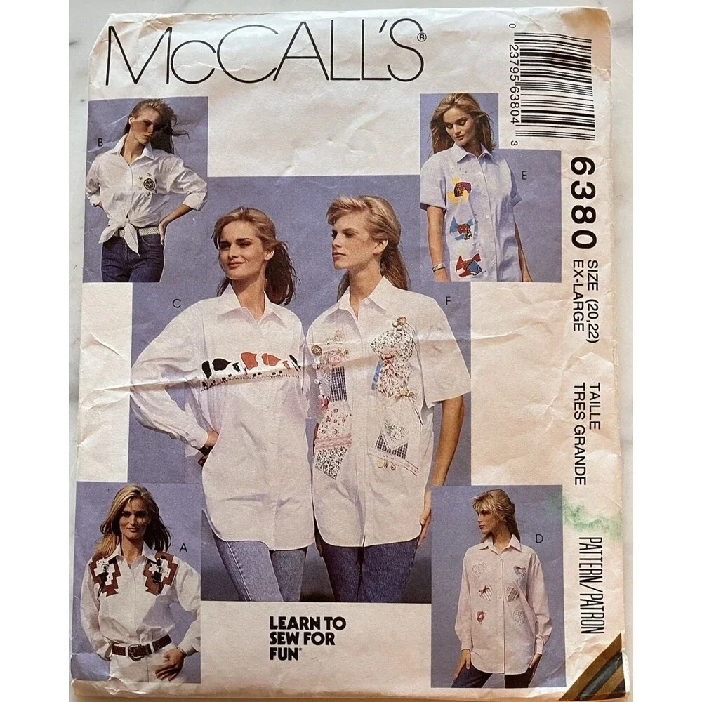 Vintage McCall's Pattern 6380 Women's Short & Long‎ Sleeve Shirts Size XL 20-22